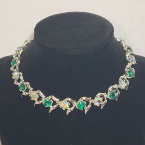 Vintage Signed BSK Necklace Silver Detailed Green Aurora B. Rhinestone 12 inch